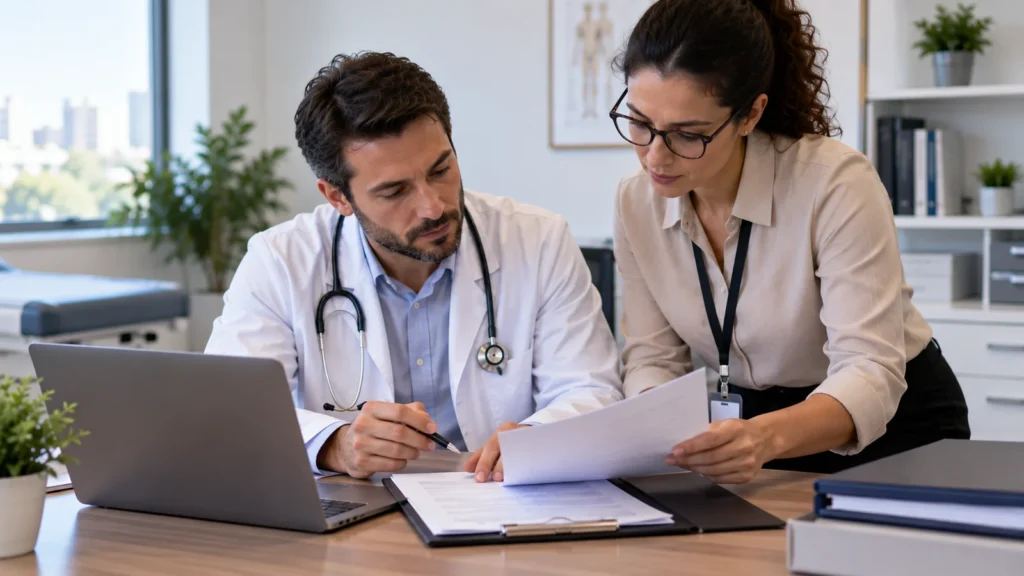 Médico e profissional administrativo revisam documentos cadastrais de uma clínica.