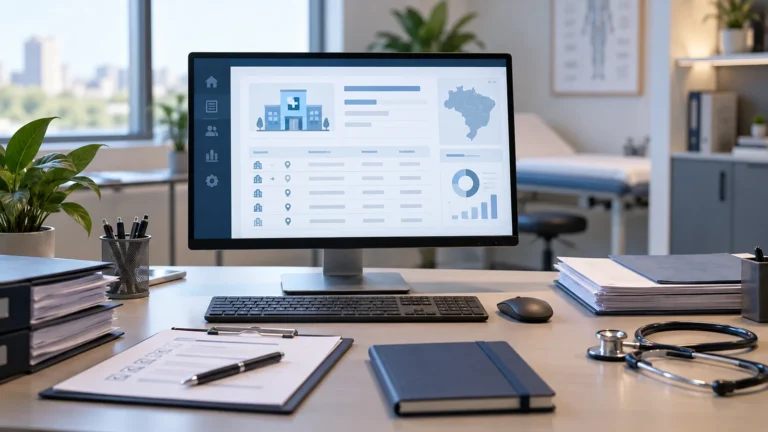 Mesa de trabalho em clínica com monitor exibindo painel de cadastro de estabelecimentos de saúde.