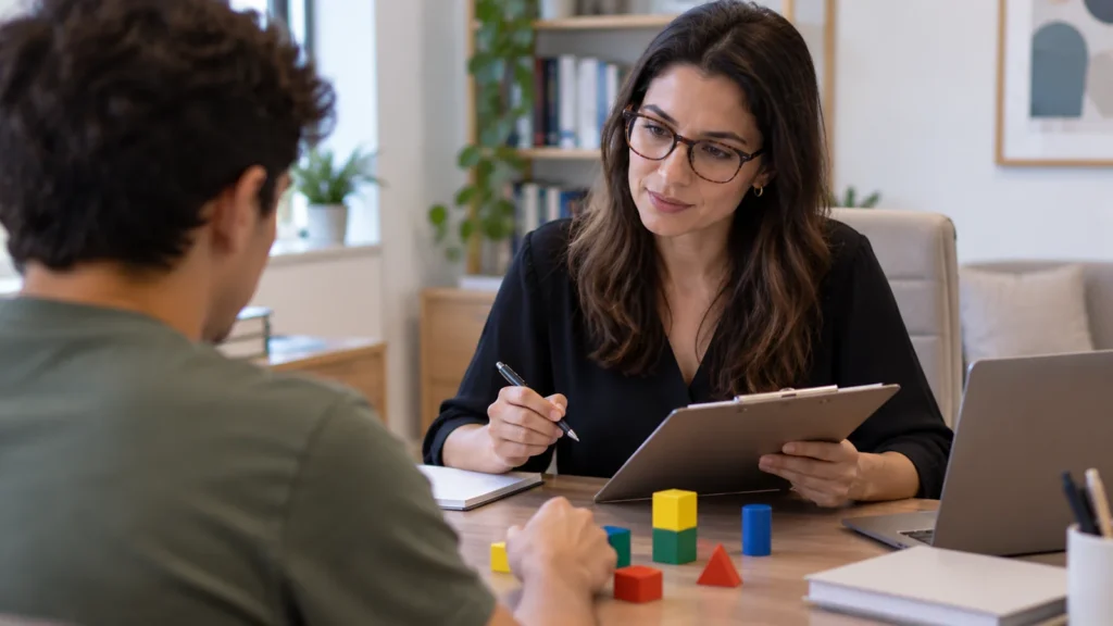 Profissional conduz atividade de avaliação cognitiva com paciente em consultório.