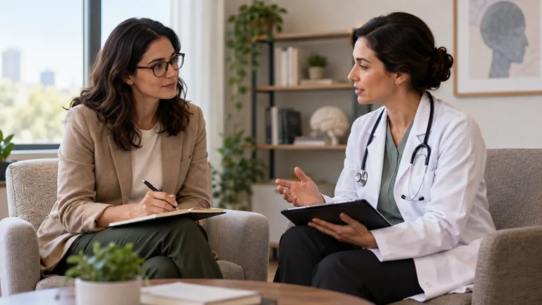 Duas profissionais conversam em ambiente de atendimento, uma com bloco de anotações e outra com tablet e jaleco.