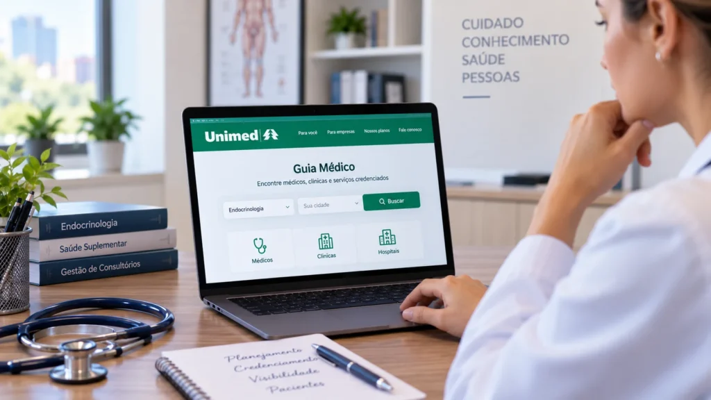 Profissional consulta no notebook um guia médico de rede de saúde com busca por Endocrinologia.