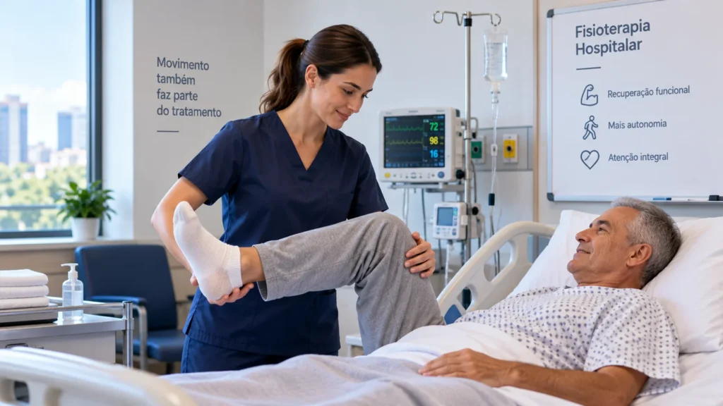 Fisioterapeuta auxilia paciente internado em exercício de mobilidade durante atendimento hospitalar.