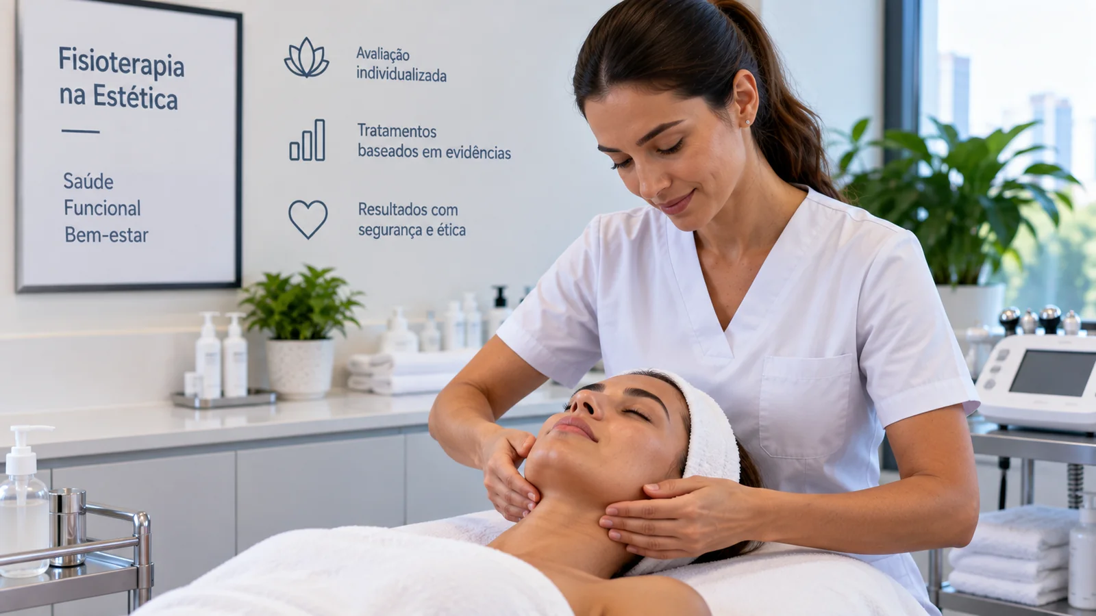 Fisioterapeuta realiza atendimento dermatofuncional não invasivo em paciente em ambiente clínico.