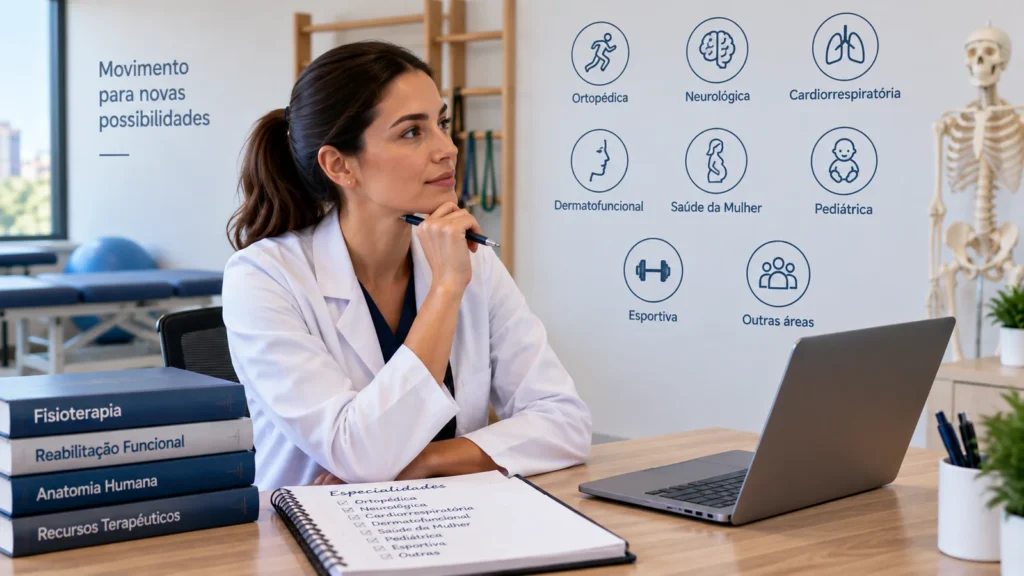 Fisioterapeuta analisa diferentes especialidades profissionais em um consultório de reabilitação.