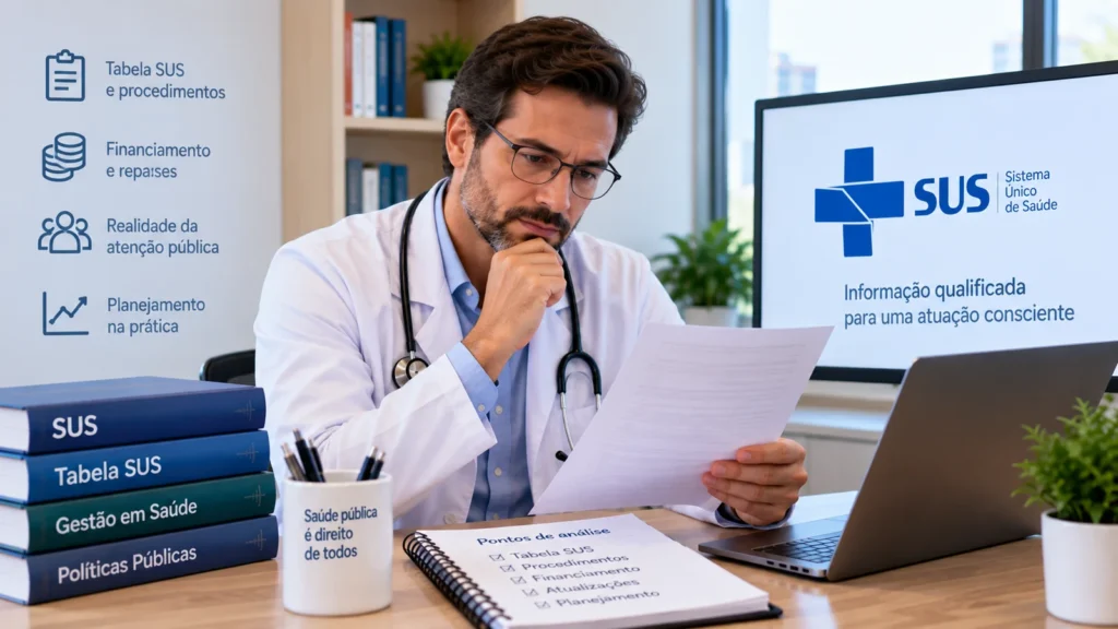 Médico analisa informações sobre Tabela SUS, procedimentos, financiamento e vínculos no sistema público de saúde.