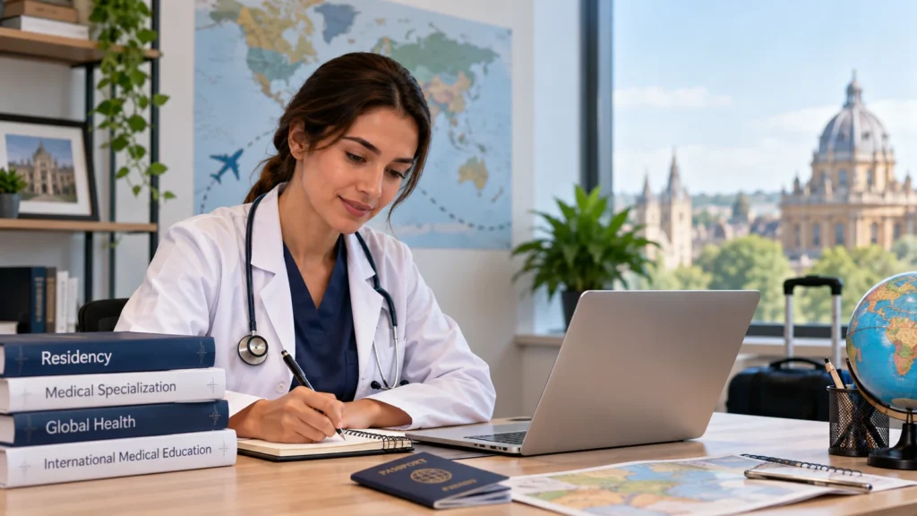 Médica planeja especialização no exterior com mapa-múndi, computador e materiais de estudo.