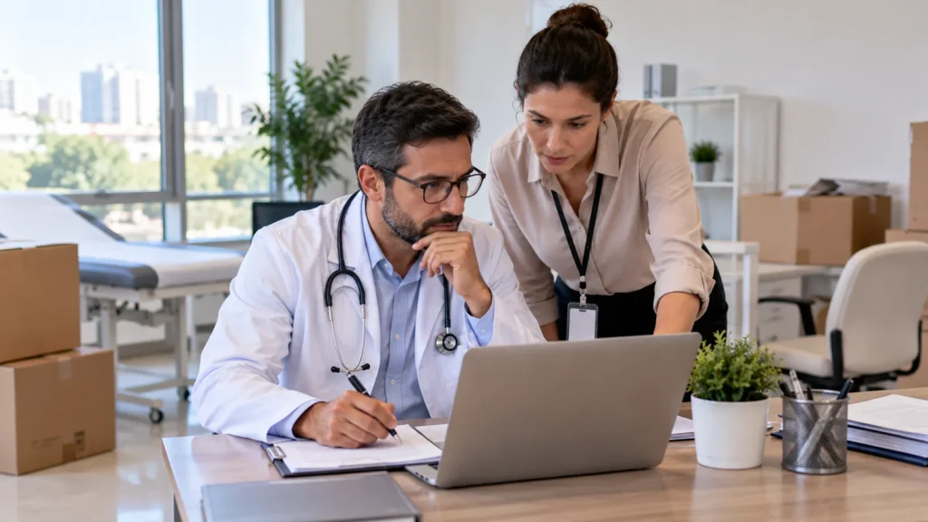 Médico e profissional administrativo revisam documentos durante mudança de clínica.
