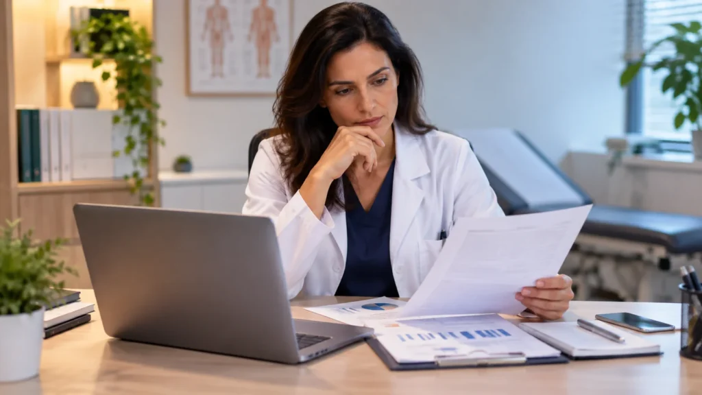Médica analisa documentos e dados de gestão em um consultório.