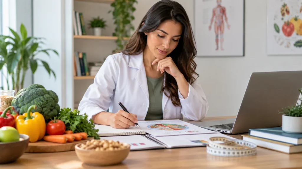 Profissional em ambiente de nutrição analisando materiais sobre alimentação ao lado de alimentos frescos e notebook.