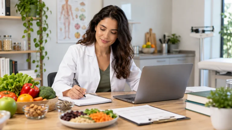 Nutricionista em consultório com notebook, alimentos frescos e materiais de trabalho sobre a mesa.