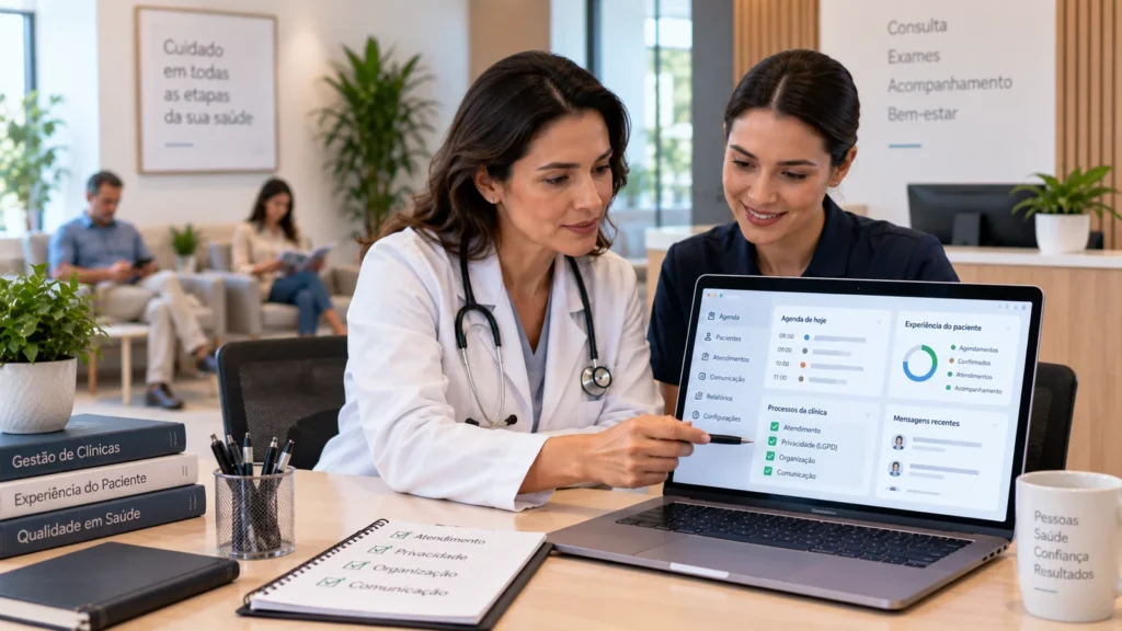 Médica e integrante da equipe revisando processos de atendimento e organização de uma clínica.