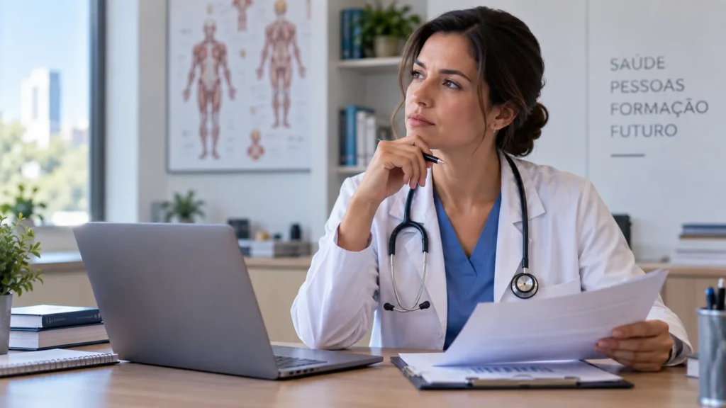 Médica analisa documentos sobre formação e distribuição de profissionais em um consultório.