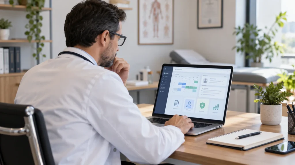 Médico analisando software de gestão clínica em notebook no consultório.