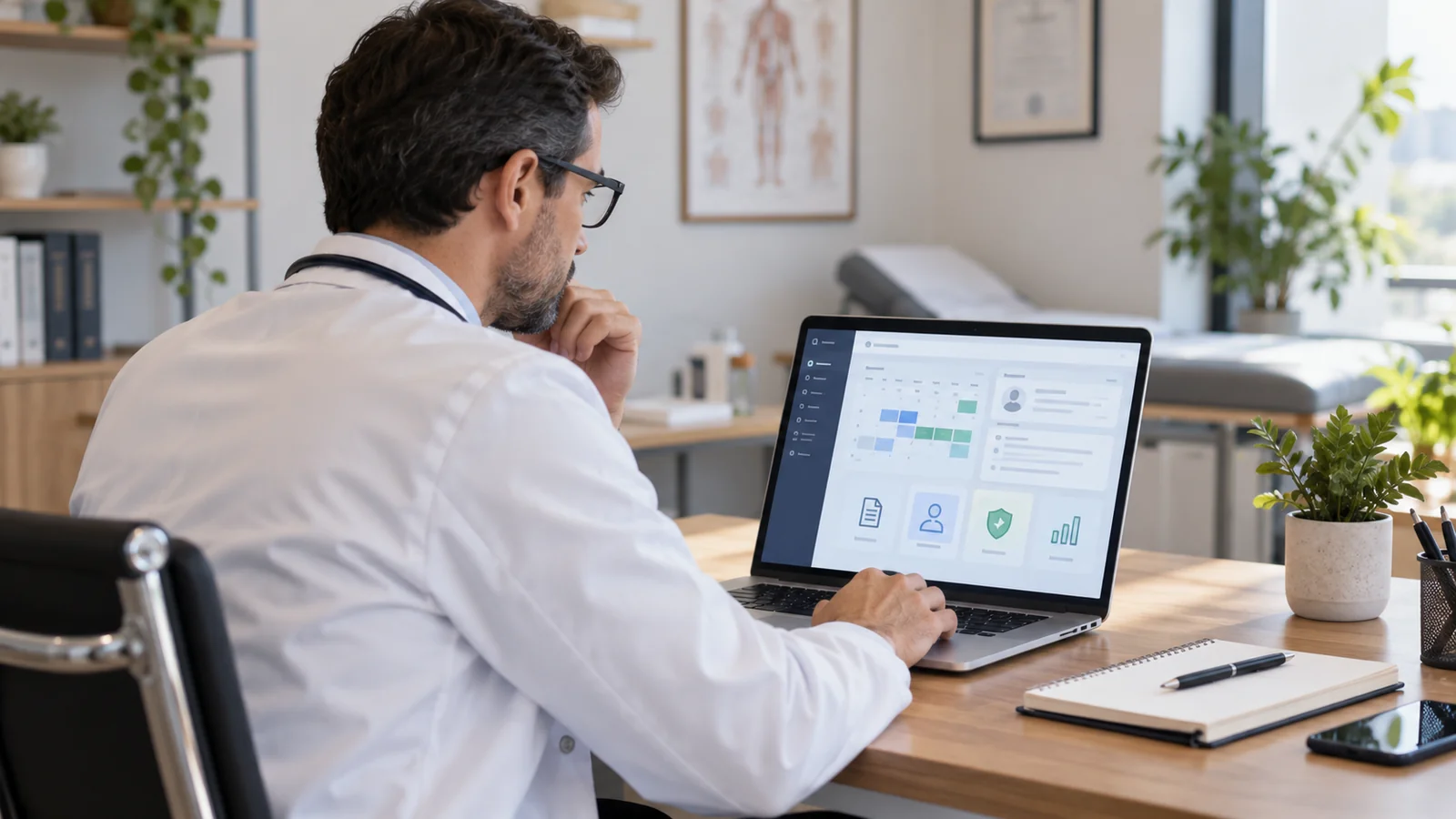Médico analisando software de gestão clínica em notebook no consultório.