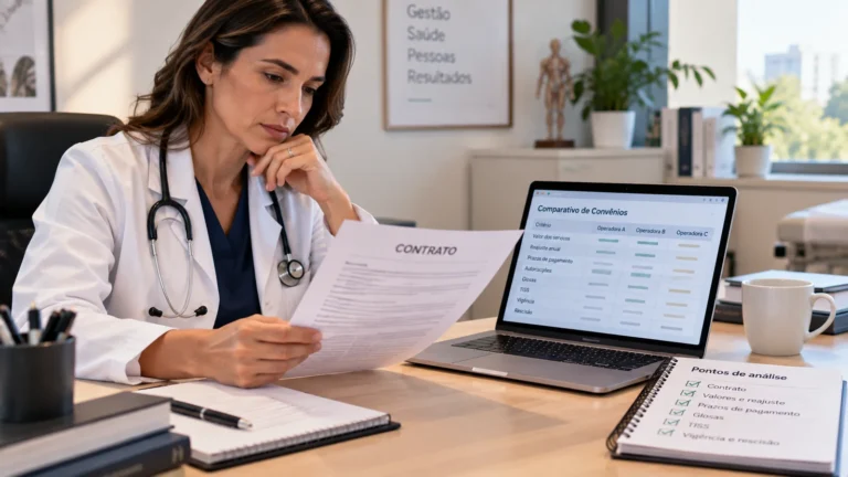 Médica comparando condições contratuais de diferentes convênios em um consultório.