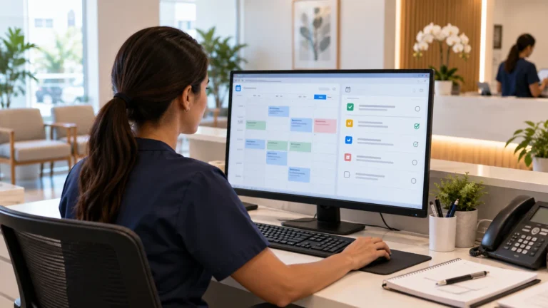 Profissional da recepção organiza agenda online e lista de tarefas em computador de clínica.