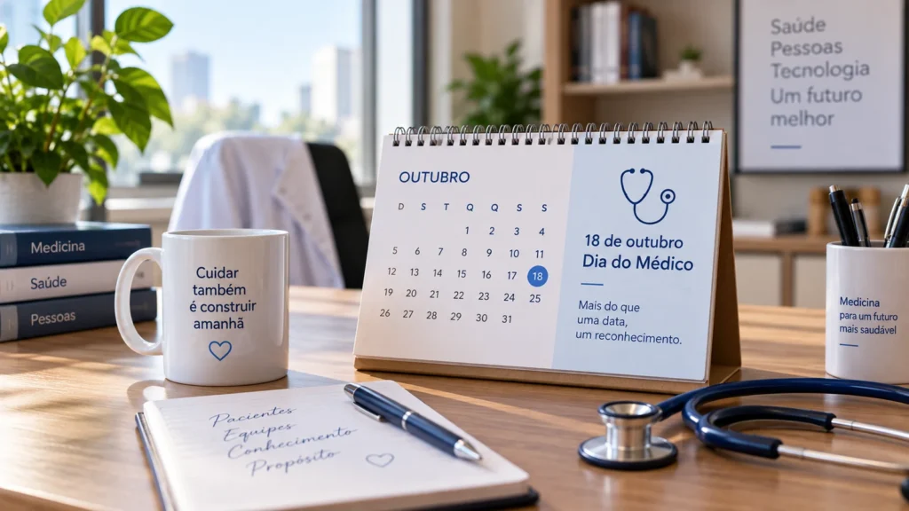 Calendário marca 18 de outubro como Dia do Médico sobre uma mesa de consultório com estetoscópio e materiais de trabalho.