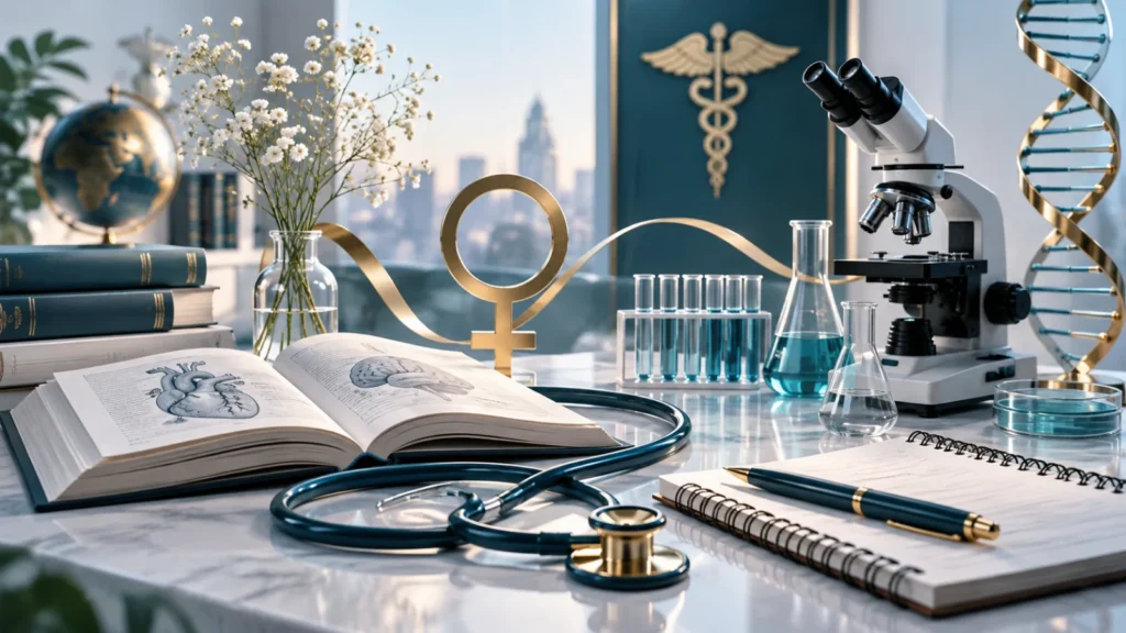 Composição conceitual com estetoscópio, microscópio, DNA, livros e materiais de laboratório representando mulheres na medicina e na ciência.