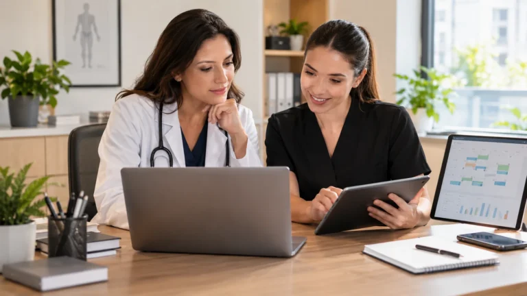 Médica e gestora analisam informações em notebook e tablet em ambiente de clínica.