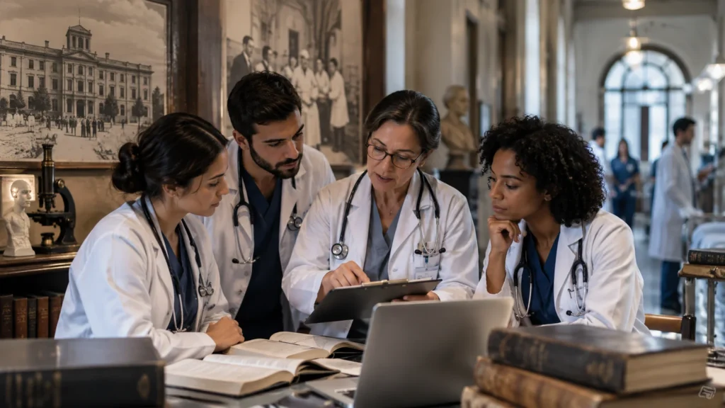 Médicos residentes estudam um caso com uma supervisora em ambiente hospitalar que reúne referências históricas e atuais da formação médica.