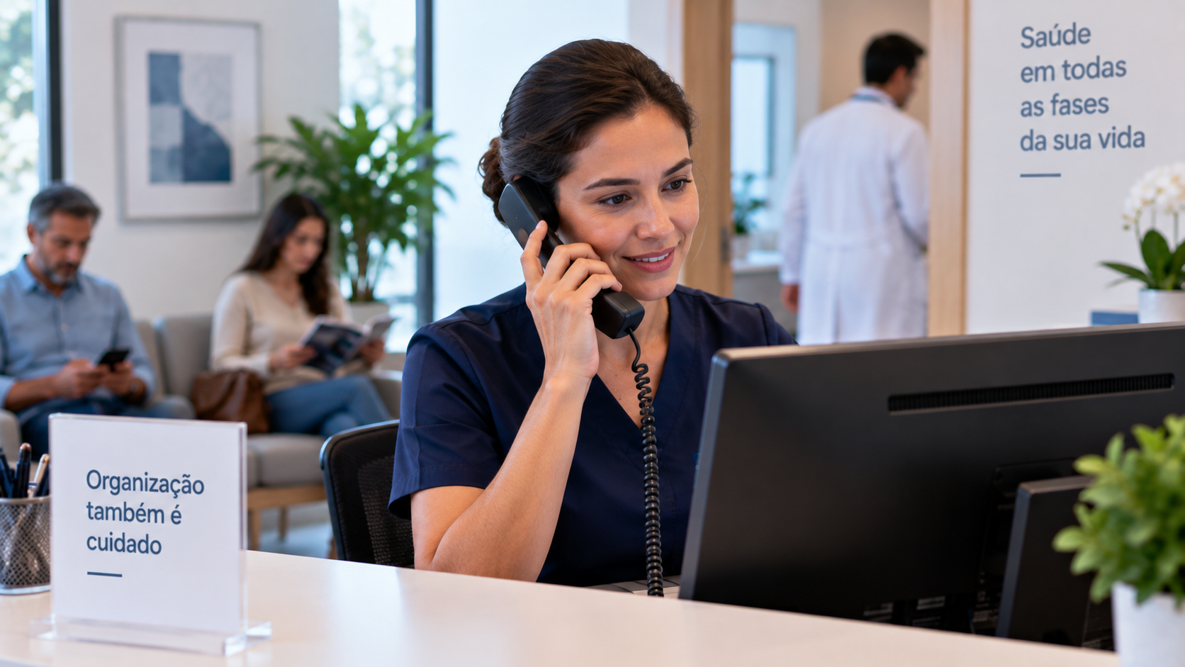 Recepcionista de clínica conversa ao telefone enquanto organiza alterações de horários de consultas.