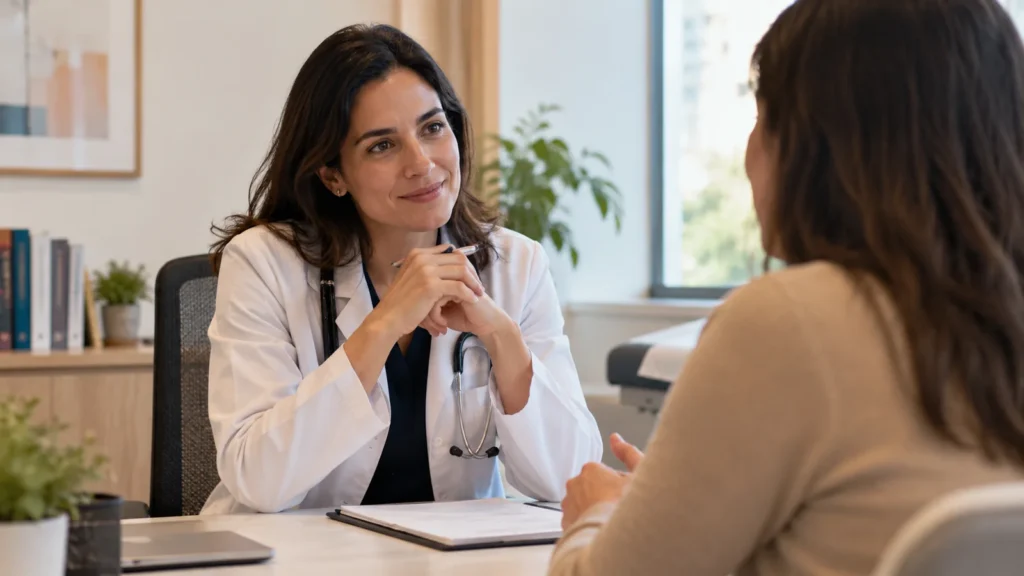 Médica escutando uma paciente durante consulta em consultório.