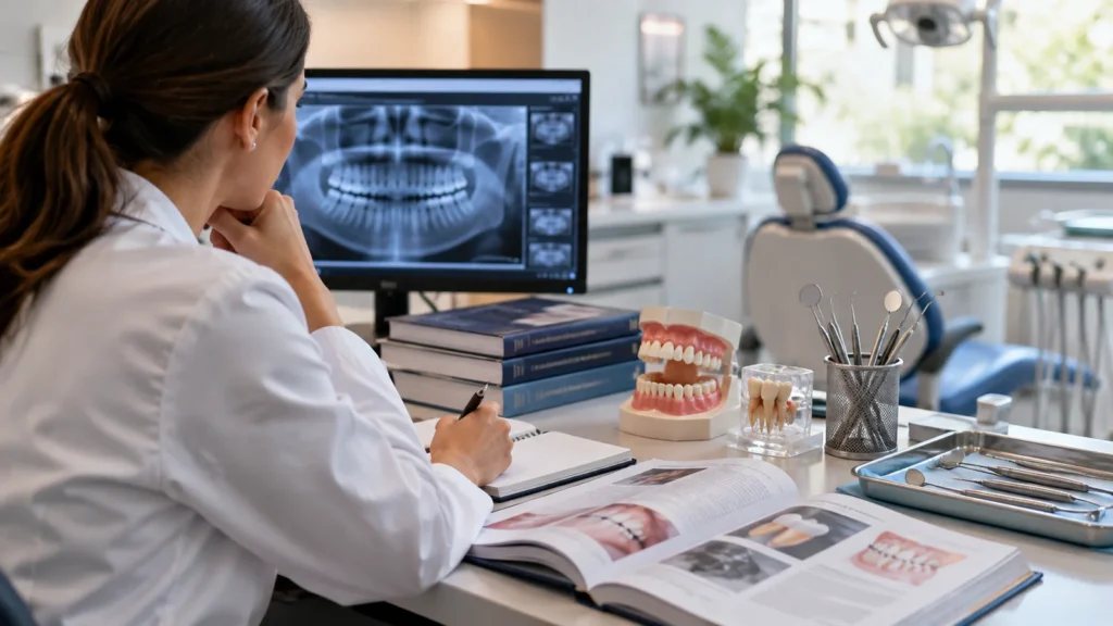Profissional de Odontologia analisando radiografia panorâmica em consultório com modelos e instrumentos odontológicos.