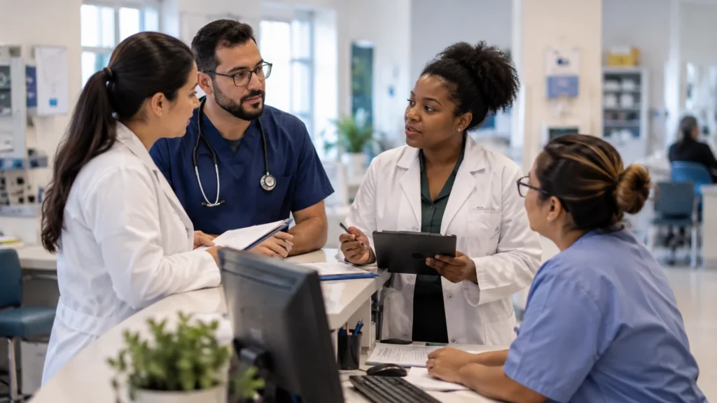 Equipe multiprofissional organiza o atendimento em uma unidade de saúde.