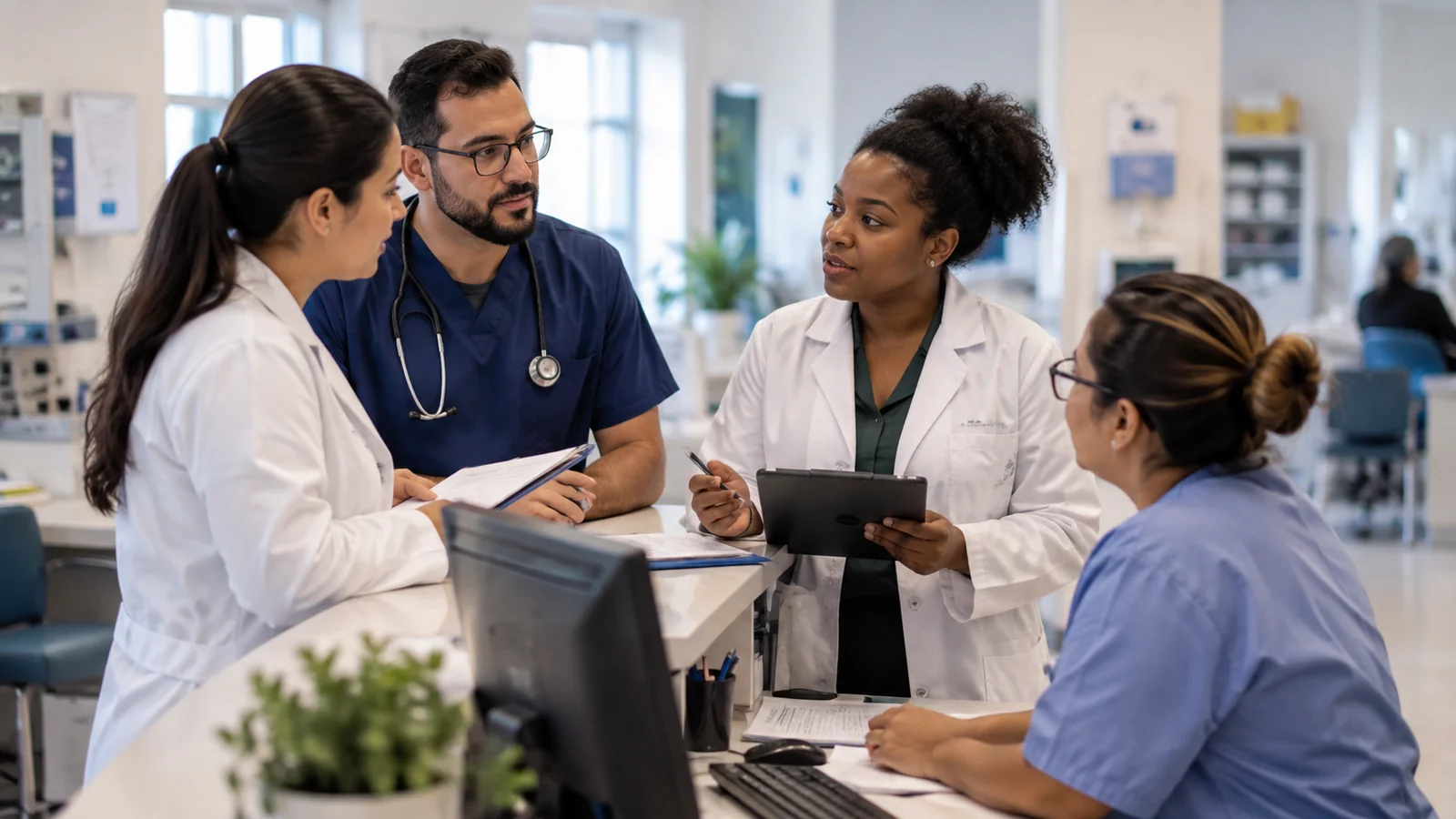 Equipe multiprofissional organiza o atendimento em uma unidade de saúde.