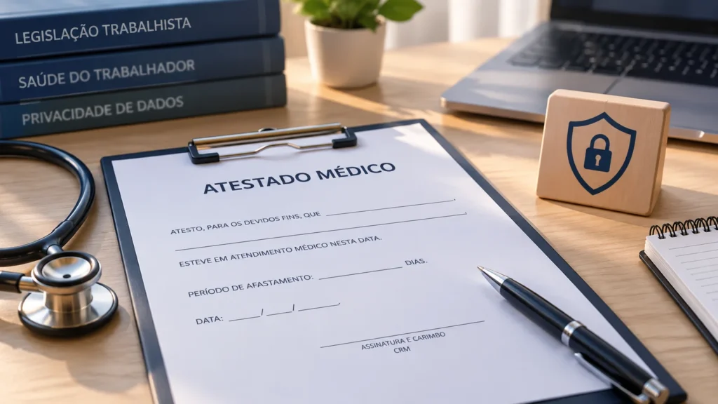 Atestado médico sobre mesa com estetoscópio e símbolo de privacidade de dados.