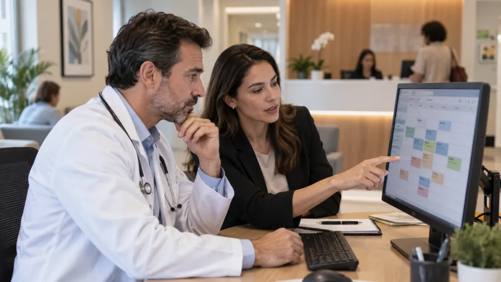 Médico e gestora analisam a agenda e a organização de atendimentos em uma clínica.