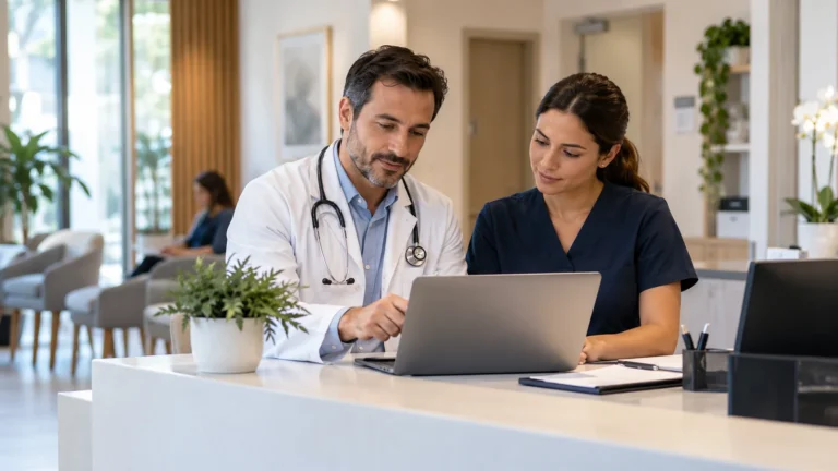 Médico e profissional da equipe analisam informações em um notebook na recepção de uma clínica contemporânea.