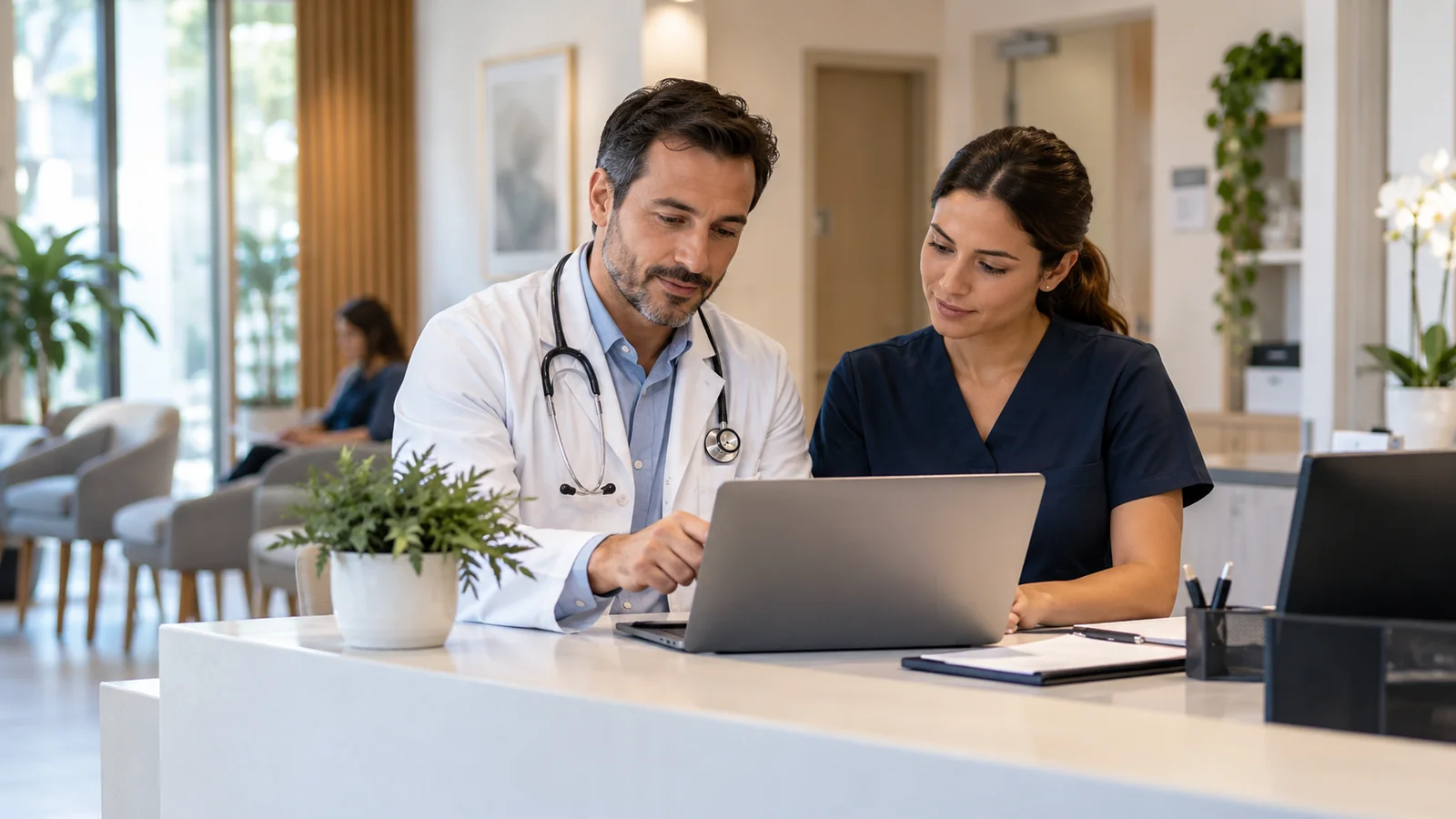 Médico e profissional da equipe analisam informações em um notebook na recepção de uma clínica contemporânea.