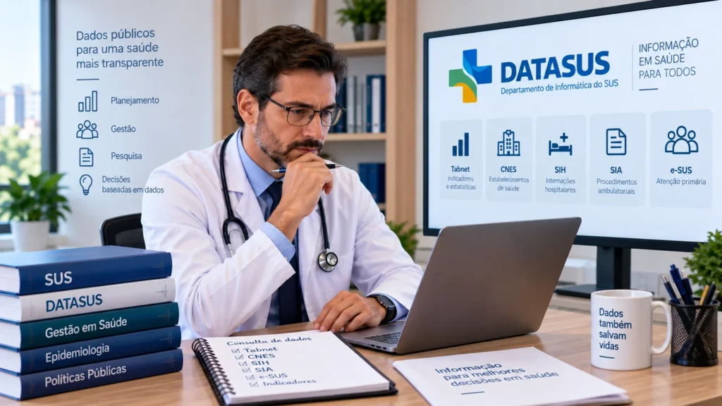 Médico consulta no computador dados públicos do DATASUS sobre assistência, estabelecimentos e indicadores de saúde.