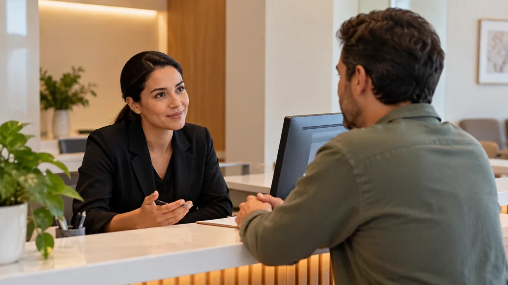 Recepcionista conversa com uma pessoa no balcão de uma clínica em ambiente organizado e acolhedor.