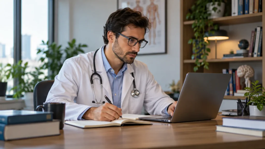 Médico estudando em computador e fazendo anotações em consultório.