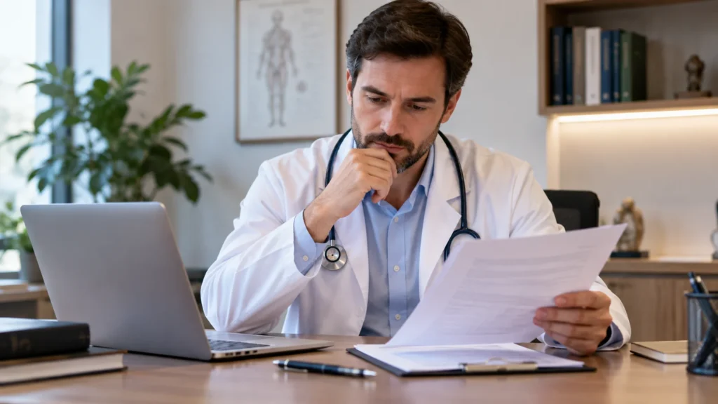 Médico analisa documentos profissionais em uma mesa de consultório.
