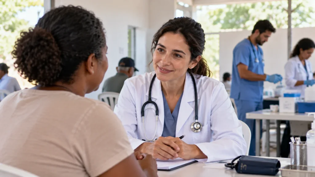 Médica atende paciente em ação comunitária de saúde com apoio de outros profissionais.