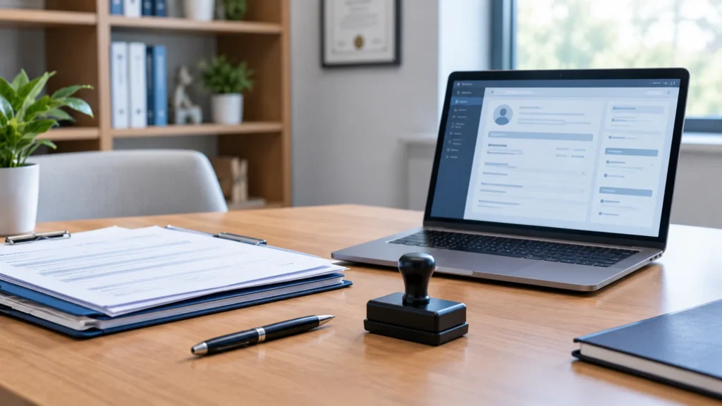Documentos profissionais e computador em ambiente de consultório médico