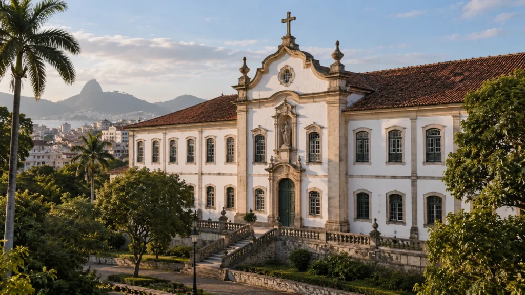 Ilustração editorial inspirada em hospitais históricos do Brasil, com fachada de arquitetura colonial em paisagem urbana.