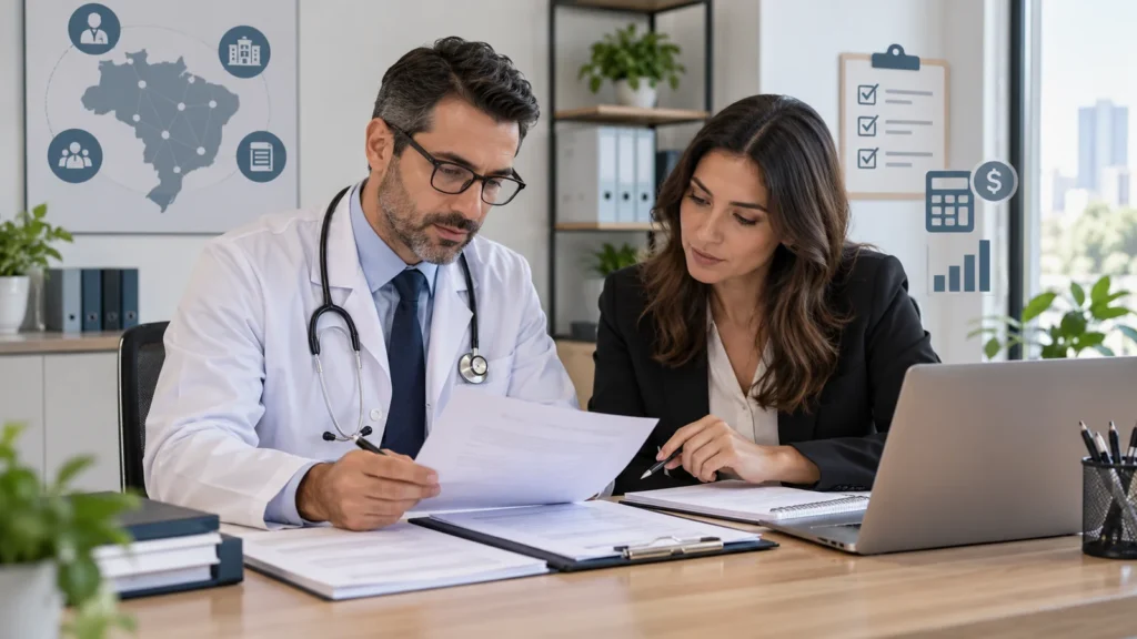 Médico e gestora analisam documentos de credenciamento de convênio em um consultório.