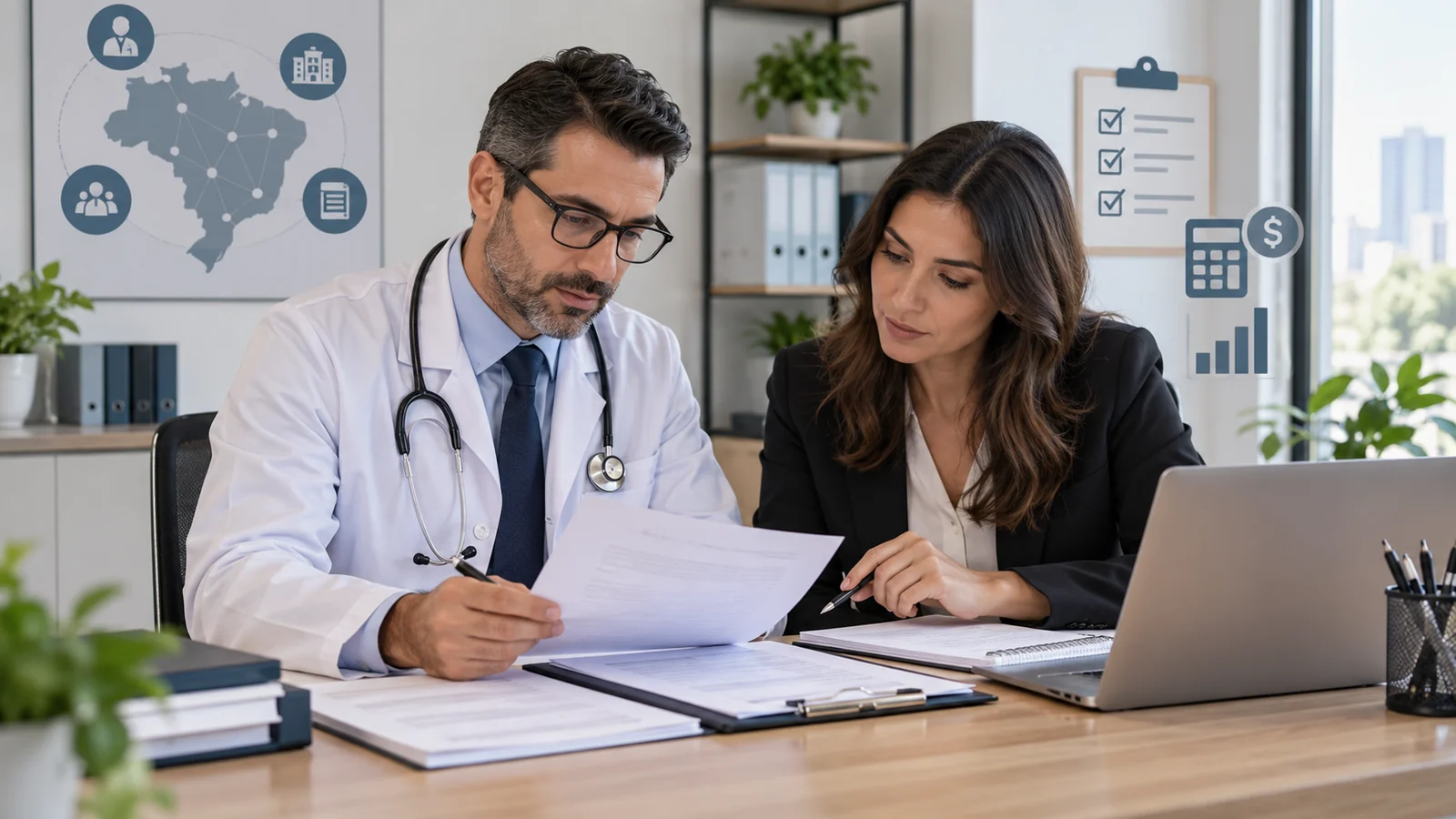 Médico e gestora analisam documentos de credenciamento de convênio em um consultório.