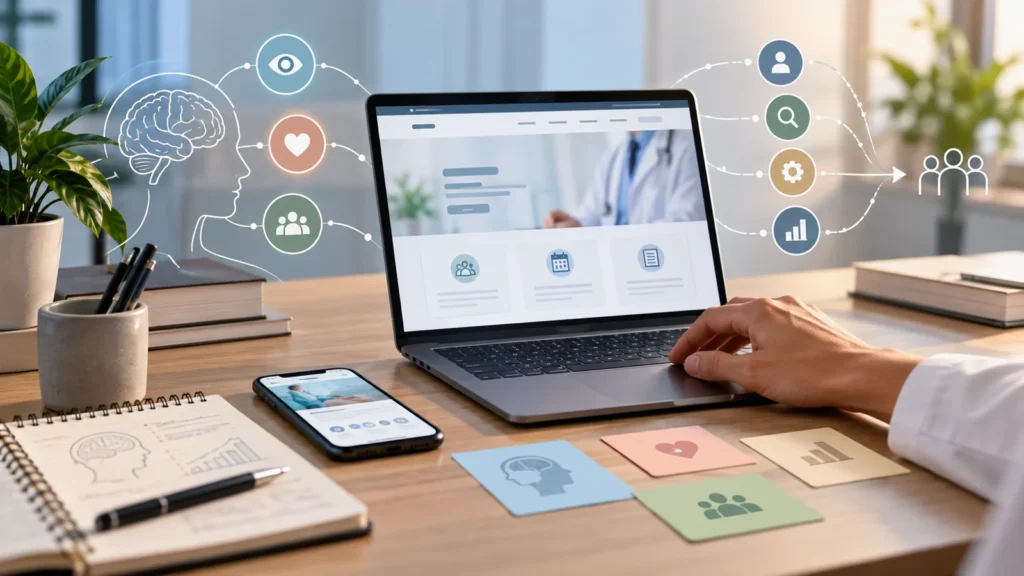 Laptop em mesa de trabalho com elementos gráficos de atenção, comunicação e marketing em saúde.
