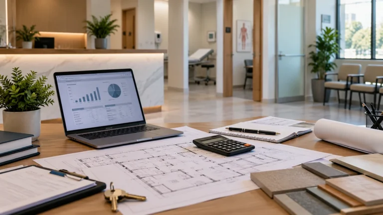 Planejamento financeiro e arquitetônico de um centro clínico, com planta, computador e calculadora em uma clínica.
