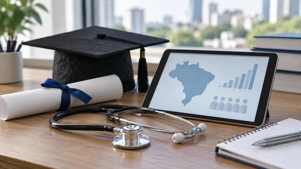 Diploma, estetoscópio e capelo representando a formação de médicos no Brasil.