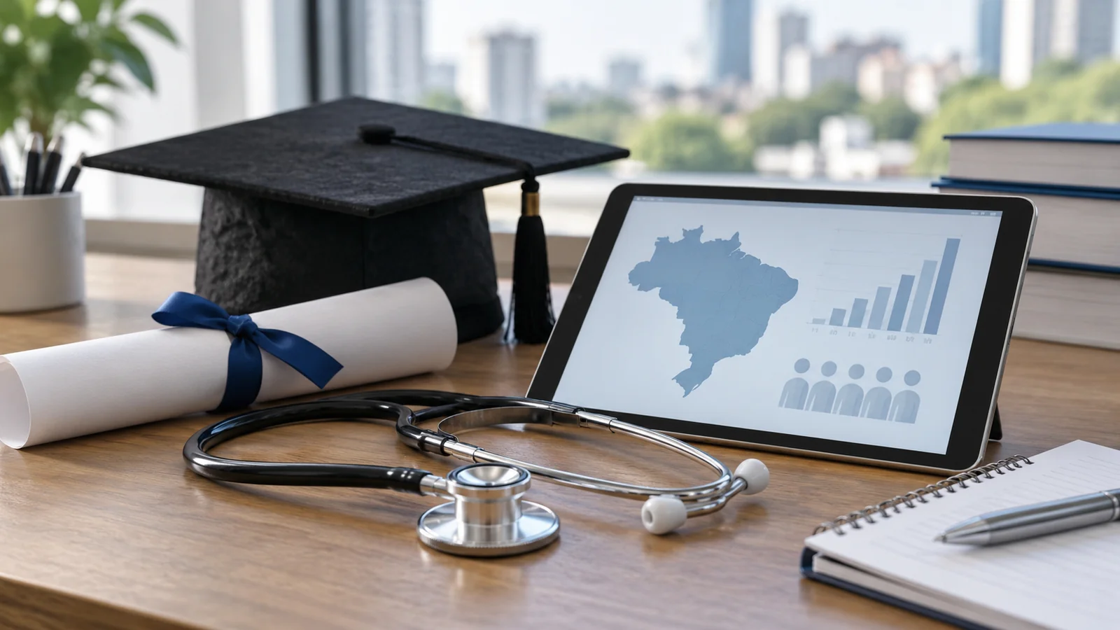 Diploma, estetoscópio e capelo representando a formação de médicos no Brasil.