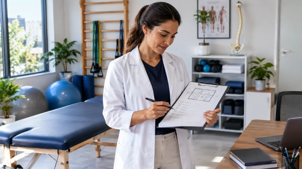 Fisioterapeuta revisando o planejamento de uma clínica de fisioterapia em ambiente de atendimento.