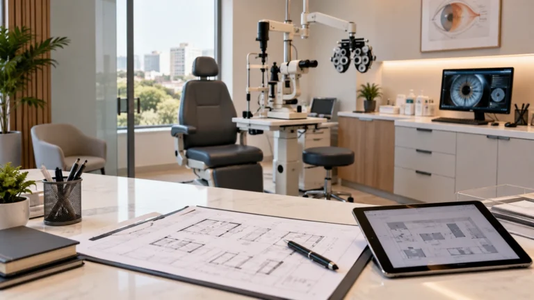 Clínica oftalmológica com equipamentos de exame e planta arquitetônica sobre bancada.