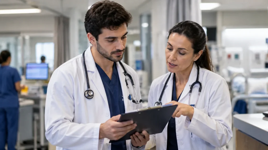 Dois médicos analisando uma prancheta durante atividade de formação em ambiente hospitalar.