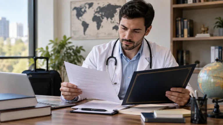 Médico analisando documentos acadêmicos em uma mesa de trabalho, com referências visuais à formação internacional.
